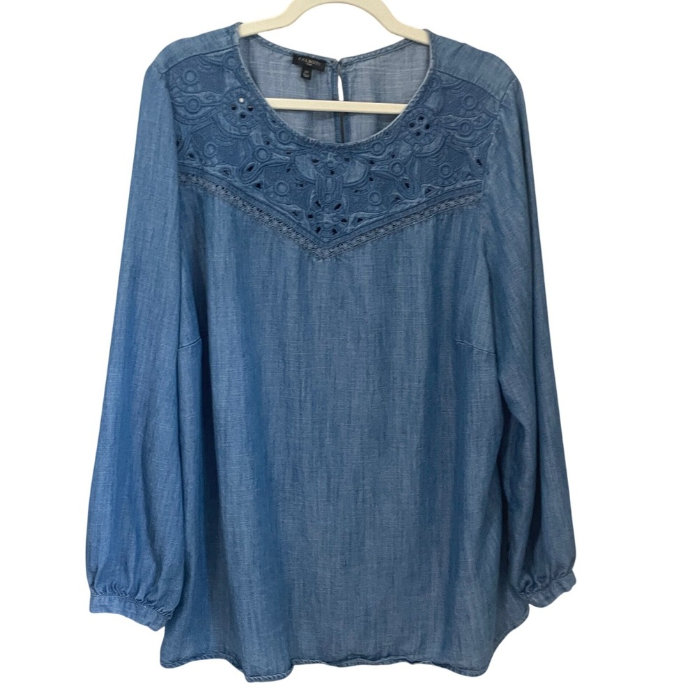 Talbots Womens 2X Tencel Denim Chambray Top Embroidery Lace Eyelet Country